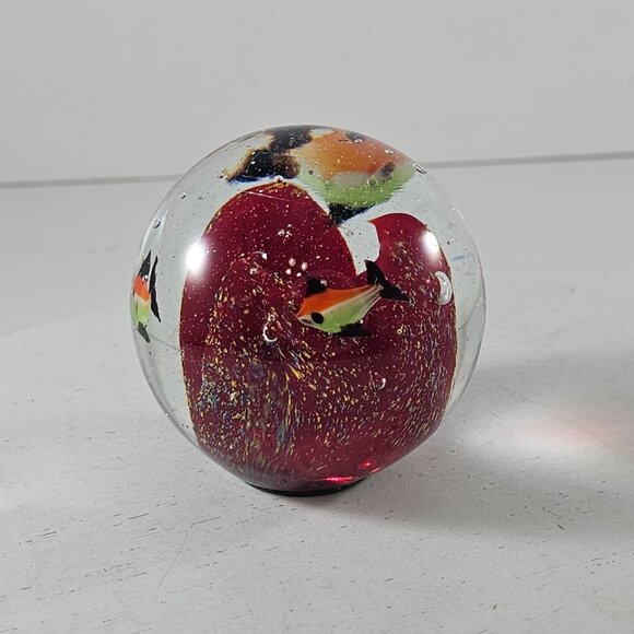 Art Glass Paperweight With Red Core Swimming Fish Orange Green - Picture 4 of 8